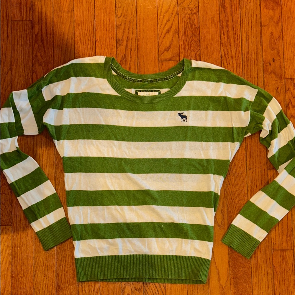 Abercrombie & Fitch Green and White Striped Sweater Sz L. Lightweight